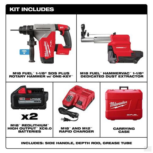Milwaukee M18 FUEL 1-1/8in SDS Plus Rotary Hammer w/ ONE-KEY and HAMMERVAC Dedicated Dust Extractor Kit 2915-22DE