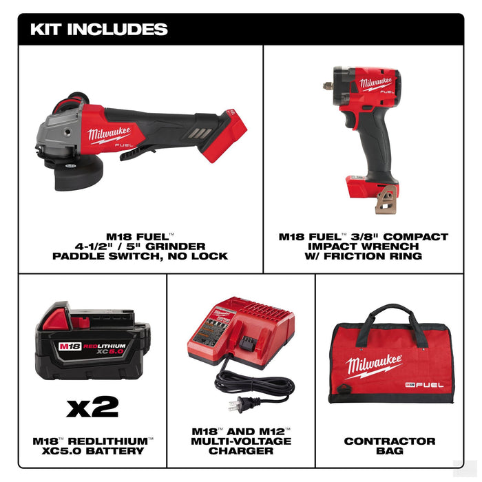 Milwaukee Tool M18 FUEL18V Li-Ion Brushless Grinder and 3/8 Impact Wrench Kit (2-Tool) w/ (2) 5Ah Batteries(2991-22)