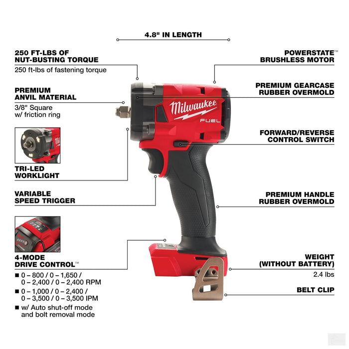 Milwaukee Tool M18 FUEL18V Li-Ion Brushless Grinder and 3/8 Impact Wrench Kit (2-Tool) w/ (2) 5Ah Batteries(2991-22)