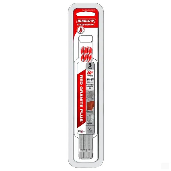 DIABLO DMARG1030-P5 3/16" x 4" x 6" SPEEDemon™ Red Granite Carbide-Tipped Hammer Drill Bits (5-Pack)