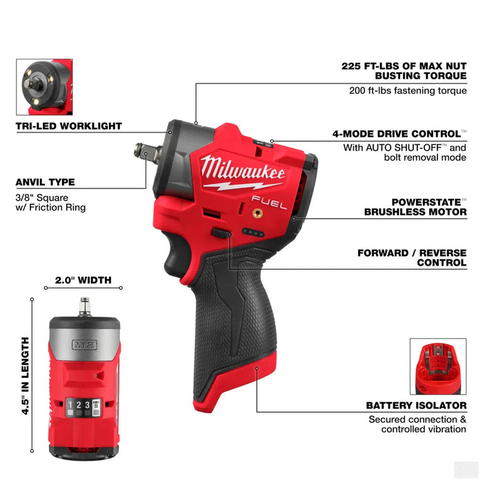 Milwaukee 3049-20 M12 FUEL™ 3/8" Subcompact Impact Wrench w/ Friction Ring (Tool Only)