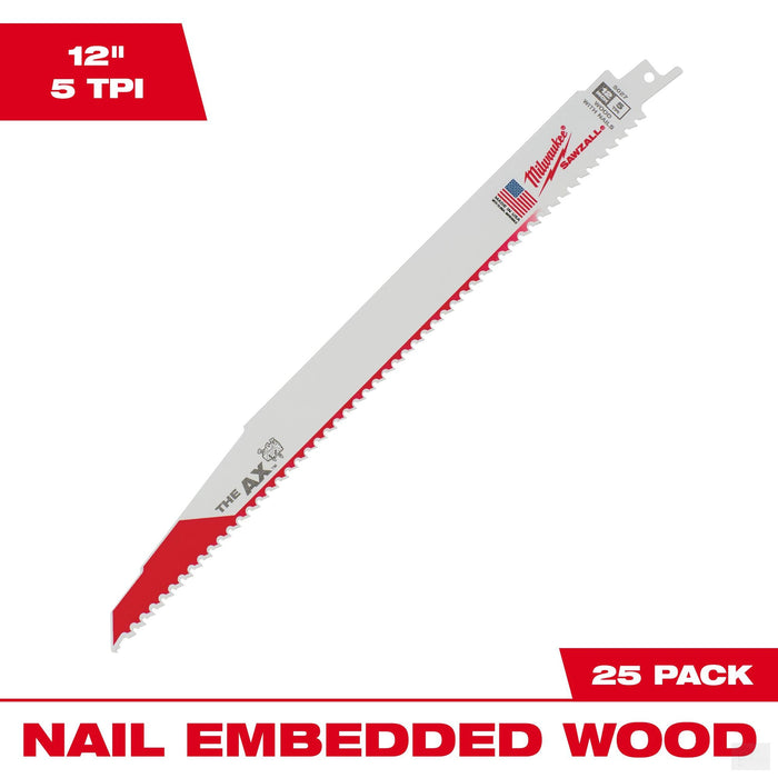 Milwaukee  12″ 5TPI AX Nail Embedded Wood Cutting SAWZALL Blades 25-Pack (48-00-8027)