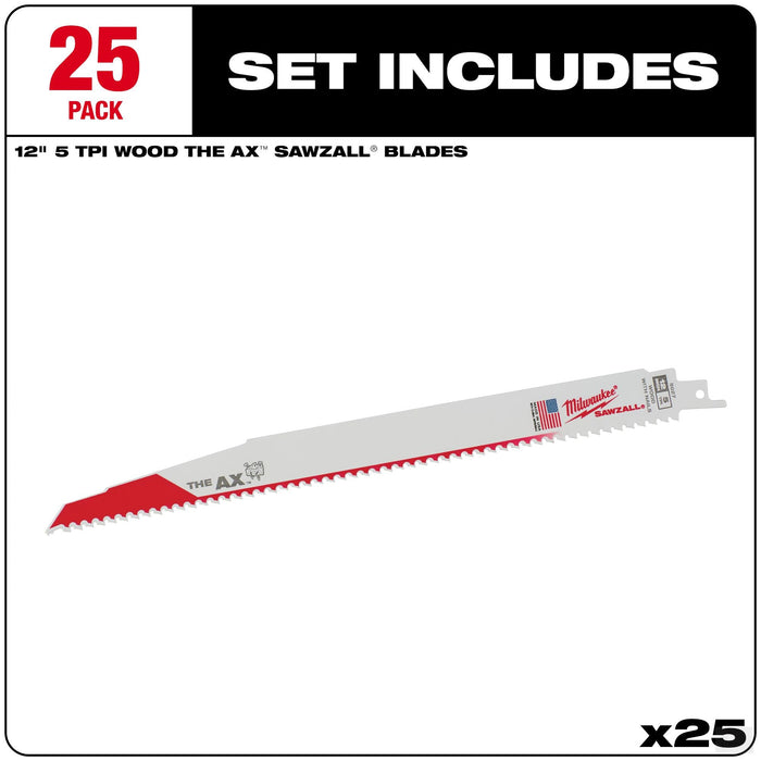 Milwaukee  12″ 5TPI AX Nail Embedded Wood Cutting SAWZALL Blades 25-Pack (48-00-8027)