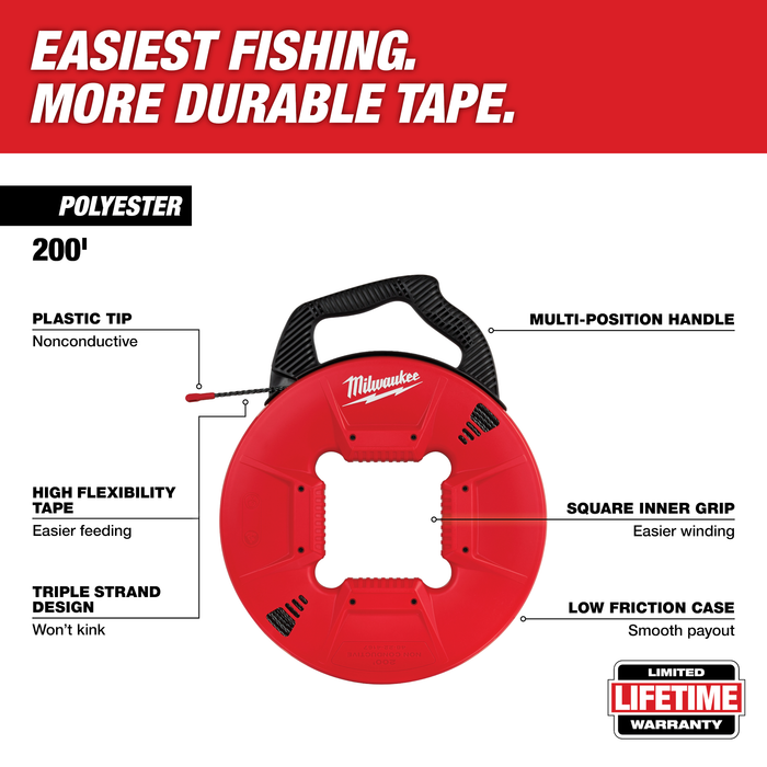 Milwaukee 200ft Polyester Fish Tape with Nonconductive Tip (48-22-4167)