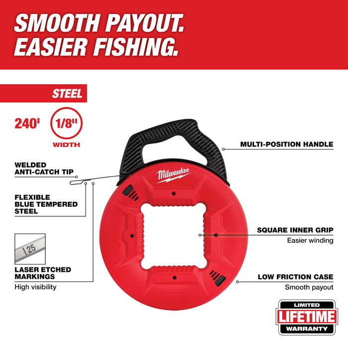 Milwaukee 240ft 1/8″ Steel Fish Tape ( 48‐22‐4178)