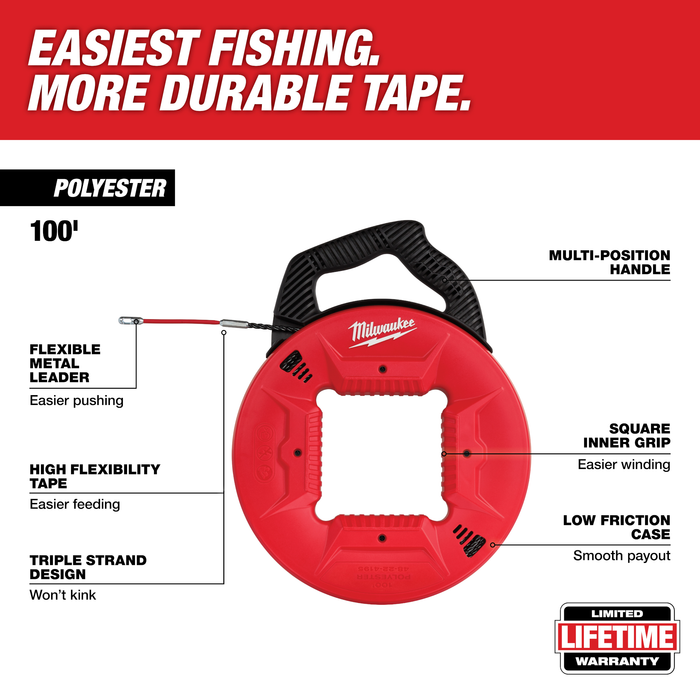 Milwaukee 100ft Polyester Fish Tape w/ Flexible Metal Leader (48-22-4195)