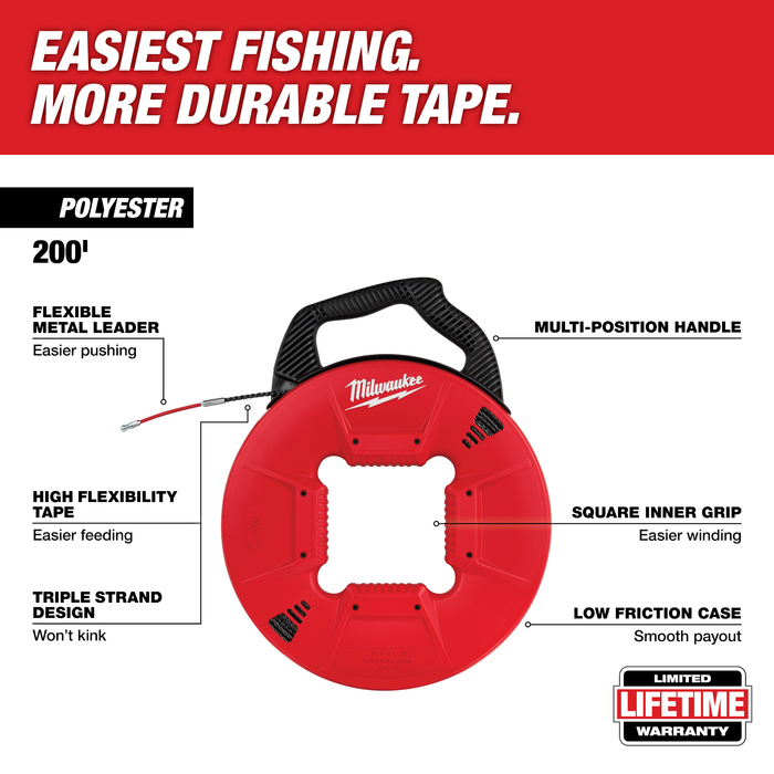 Milwaukee 200' Polyester Fish Tape w/ Flexible Metal Leader (48-22-4197)