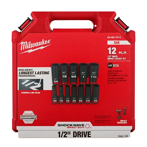 Milwaukee 49-66-7011 12PC SHOCKWAVE Impact Duty 1/2in Drive SAE Deep 6 Point Socket Set