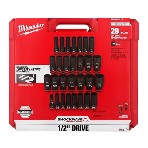 Milwaukee 29PC SHOCKWAVE Impact Duty™ 1/2" Drive SAE & Metric Deep 6 Point Socket Set