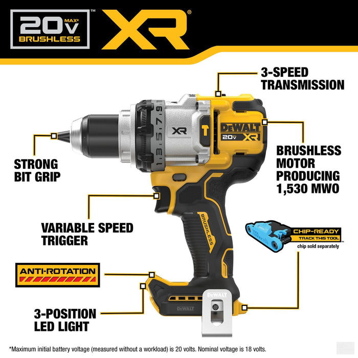 DEWALT 20V MAX* XR® Brushless Cordless 1/2 in. 3-Speed Hammer Drill Kit With XR [DCD1007WW1]