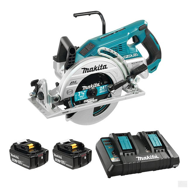 Makita 36V(18Vx2) LXT Brushless 7-1/4" Circular Saw, 5.0Ah x2Kit 558 Cuts In 2" x 4" Material DRS780PT2X