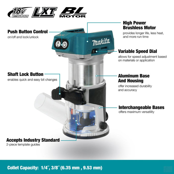 Makita 18V LXT Brushless Router w/Dust Extraction, Tool Only Makita's FIRST CORDLESS ROUTER!!