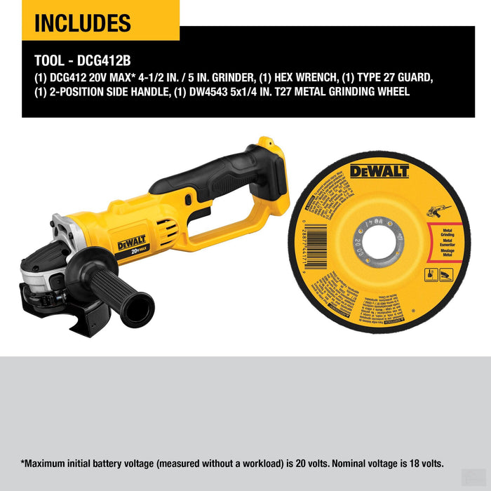 DEWALT 20V MAX* Lithium Ion 4-1/2" (115mm) / 5'' (125mm) Grinder (Tool Only) (DCB412B)