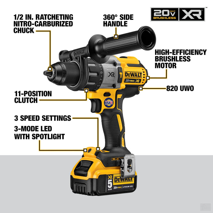 DEWALT 20V MAX XR Lithium-Ion Cordless Brushless Combo Kit (4-Tool) with (2) 5Ah Batteries, Charger and Bag DCK494P2