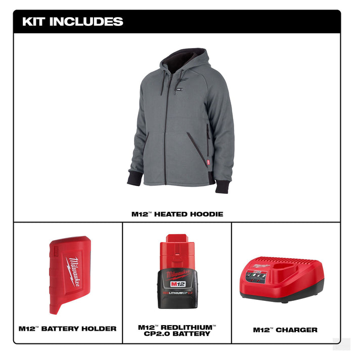 Milwaukee Tool Men's M12 12-Volt Lithium-Ion Cordless Grey Heated Jacket Hoodie Kit w/ (1) 2.0 Ah Battery (306G-21S)