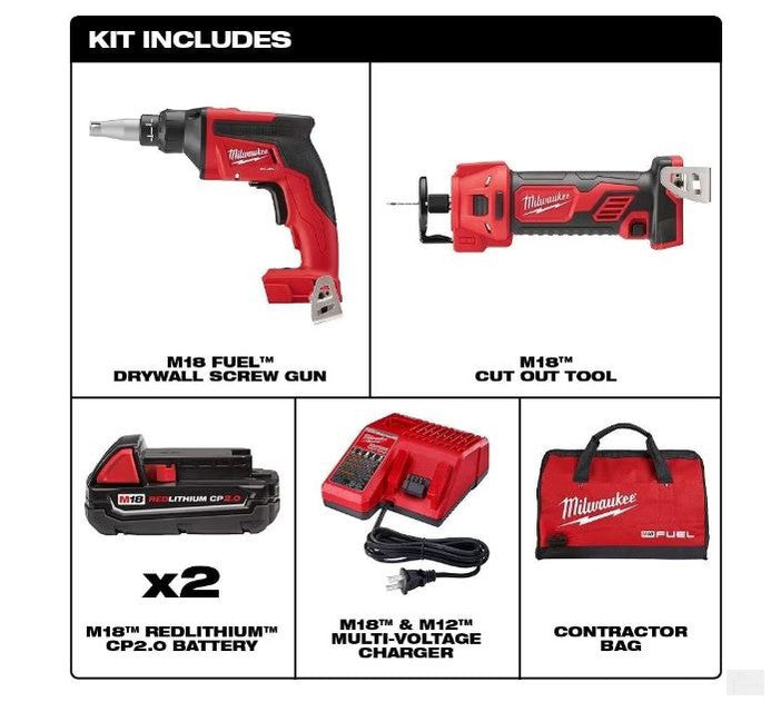 Milwaukee Tool M18 FUEL 18-Volt Lithium-Ion Brushless Cordless Drywall Screw Gun Compact Kit with M18 Cutout Tool (2866-22CTP)