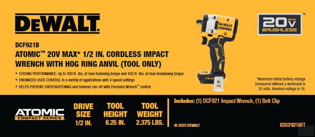 DEWALT 20V MAX ATOMIC Lithium-Ion Brushless Cordless 1/2" Impact Wrench with Hog Ring Anvil (DCF921B)