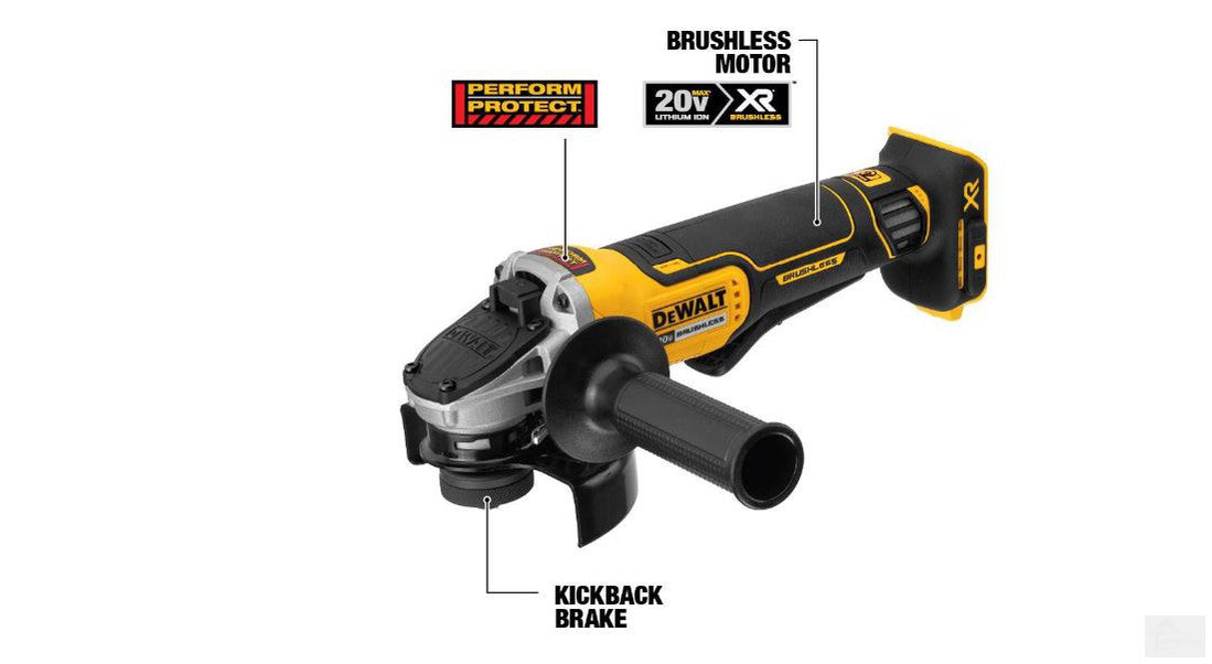 DEWALT 20V MAX XR Lithium-Ion Cordless Brushless 4-1/2-inch Paddle Switch Small Angle Grinder with Kickback Brake (Tool-Only) {DCG413B}