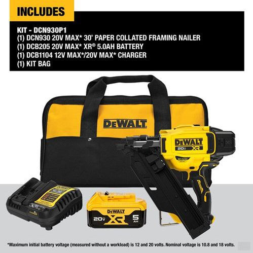 DEWALT DCN930P1 20V MAX* XR 30° Paper Tape Framing Nailer Kit