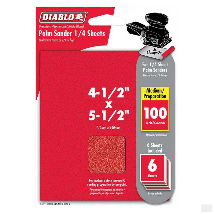 DIABLO 4-1/2in. x 5-1/2in. Palm Sander 1/4 Sheet 100 Grit - 6 Pack [DCS045100S06G]