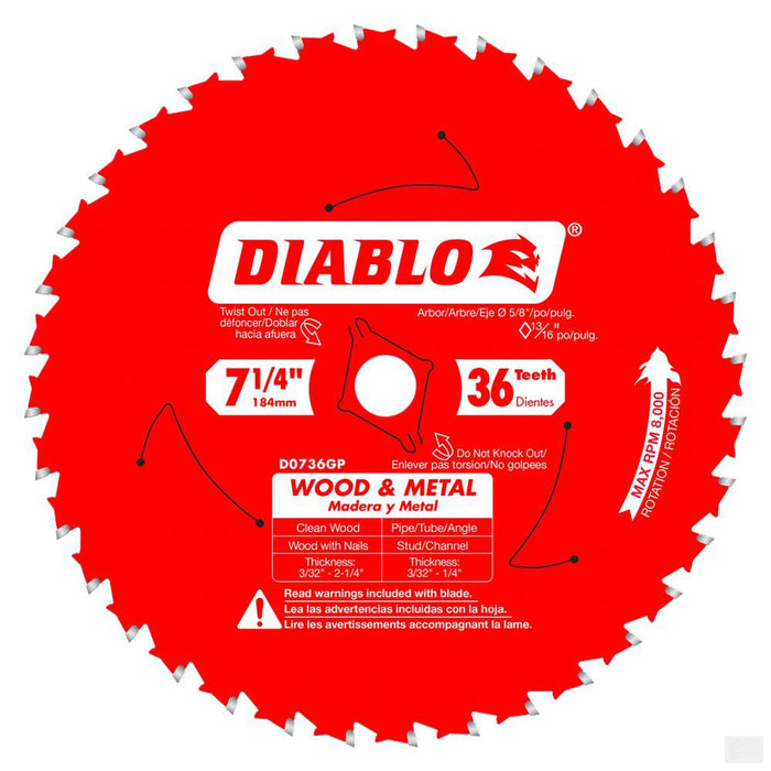 DIABLO 7-1/4 in. x 36 Tooth Wood & Metal Carbide Saw Blade [D0736GPA]