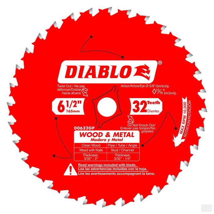 DIABLO 6-1/2 in. x 32 Tooth Wood & Metal Carbide Saw Blade [D0632GPA]
