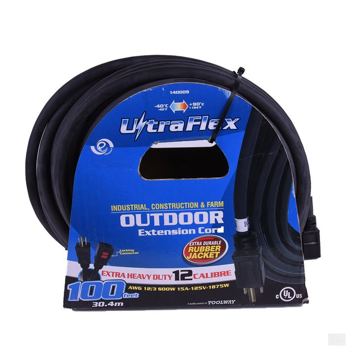 TOOLWAY Extension Cord Outdoor SEOOW 12/3 Single Tap Black Rubber 100ft [140009]