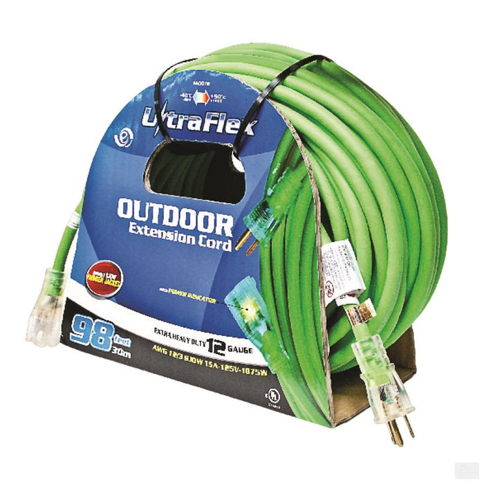TOOLWAY Extension Cord Outdoor SJEOW 12/3 Lighted Single Tap Green 100ft [140012]