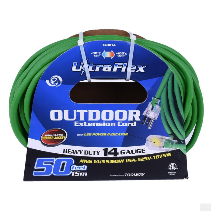 TOOLWAY Extension Cord Outdoor SJEOW 14/3 Lighted Single Tap Green 50ft [140014]