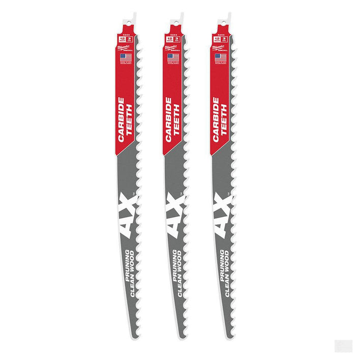 MILWAUKEE 12" 3 TPI The AX™ with Carbide Teeth for Pruning & Clean Wood SAWZALL® Blade 3PK [48-00-5333]