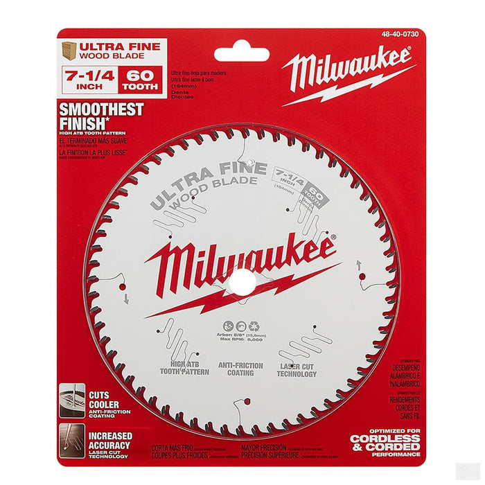 MILWAUKEE 7-1/4 in. 60 Tooth Ultra Fine Finish Circular Saw Blade [48-40-0730]