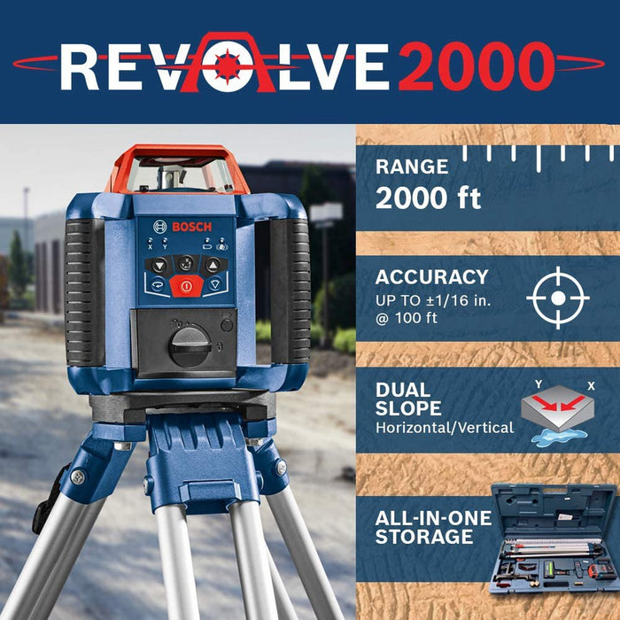 BOSCH REVOLVE2000 Self-Leveling Horizontal Rotary Laser Kit [GRL2000-40HK]