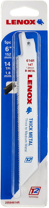 LENOX Bi-Metal Reciprocating Saw 6" Blade 14 TPI for Thick Metal - Pack of 5 [20564]