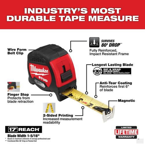 MILWAUKEE Magnetic STUD Magnetic Tape Measure [48-22-9725M]