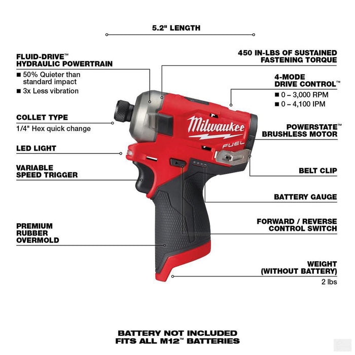 MILWAUKEE M12 FUEL 12 Volt Lithium-Ion Brushless Cordless SURGE 1/4 in. Hex Hydraulic Driver - Tool Only [2551-20]