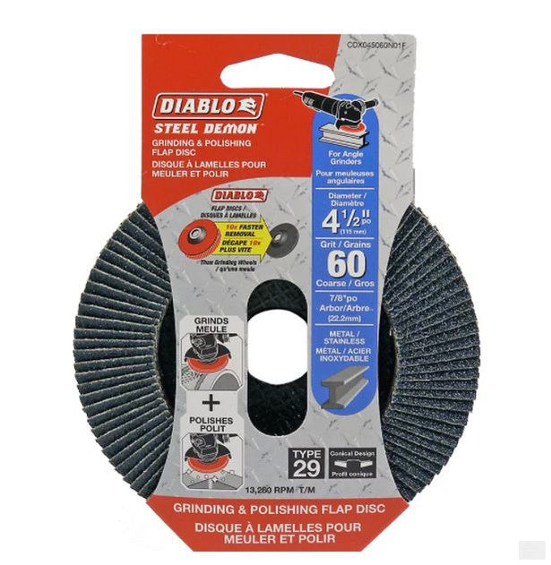 DIABLO Steel Demon 4 1/2-inch Type 29 Coarse Finish 60 Grit Grinder Flap Disc for Metal Grinding/Polishing [CDX045060N01F]