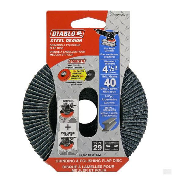 DIABLO Steel Demon 4 1/2-inch Type 29 Ultra Coarse Finish 40 Grit Grinder Flap Disc for Metal Grinding/Polishing [CDX045040N01F]